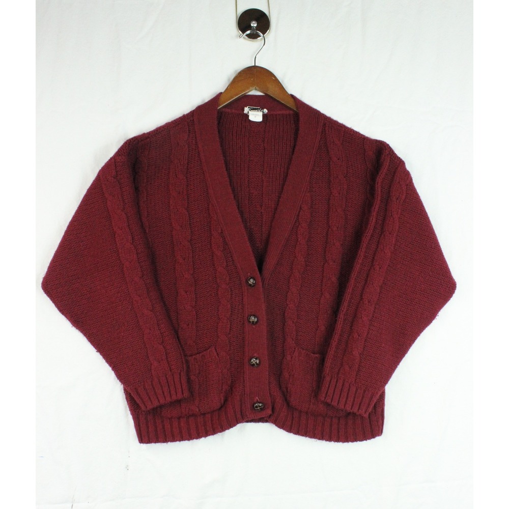 Vintage Cuddle Knit Burgundy Cable Knit Cardigan Sweater Fisherman Librarian USA